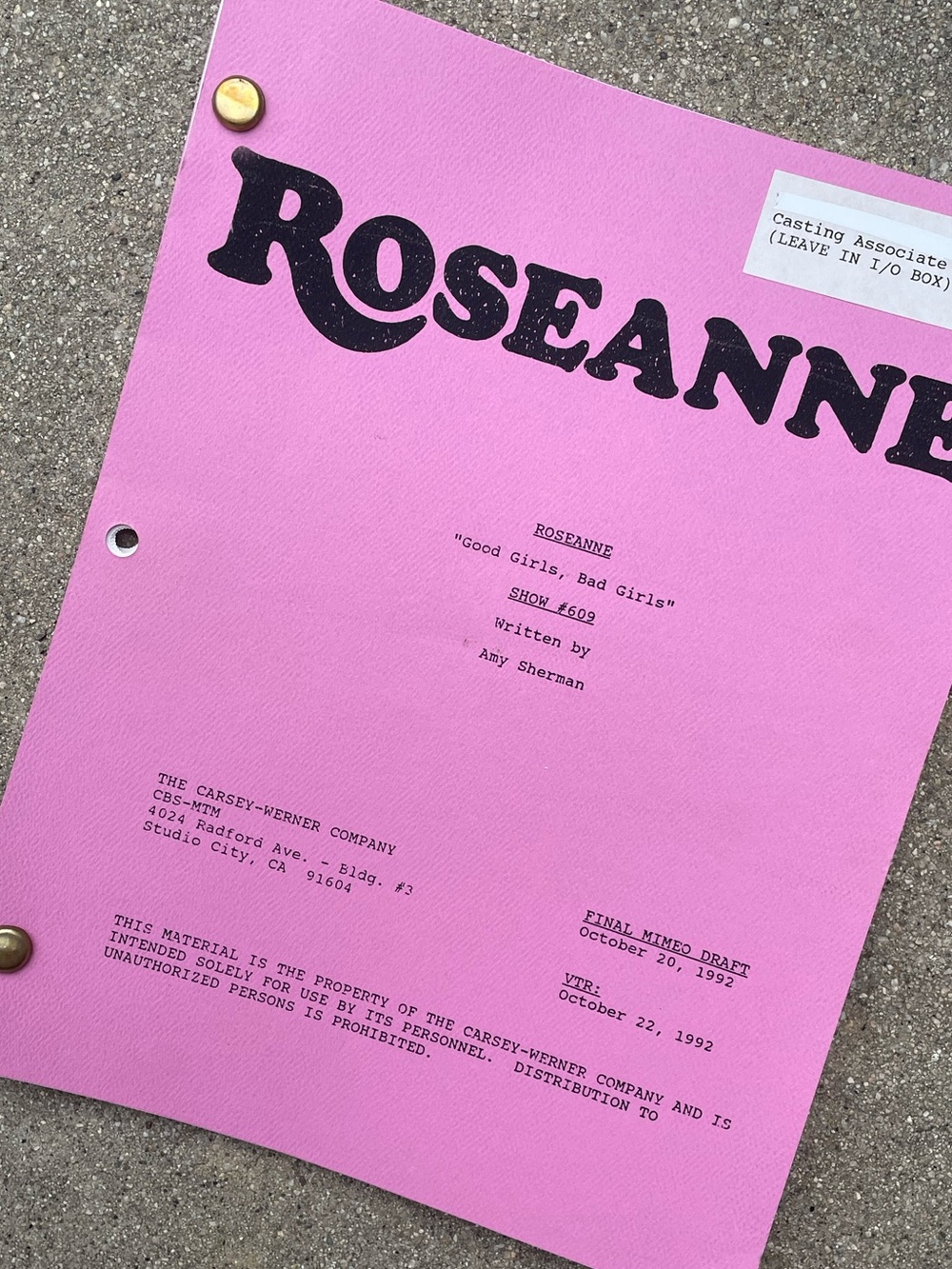 Roseanne Vtg 1992 Production Used Final Mimeo Draft Script Good Girls, Bad Girls